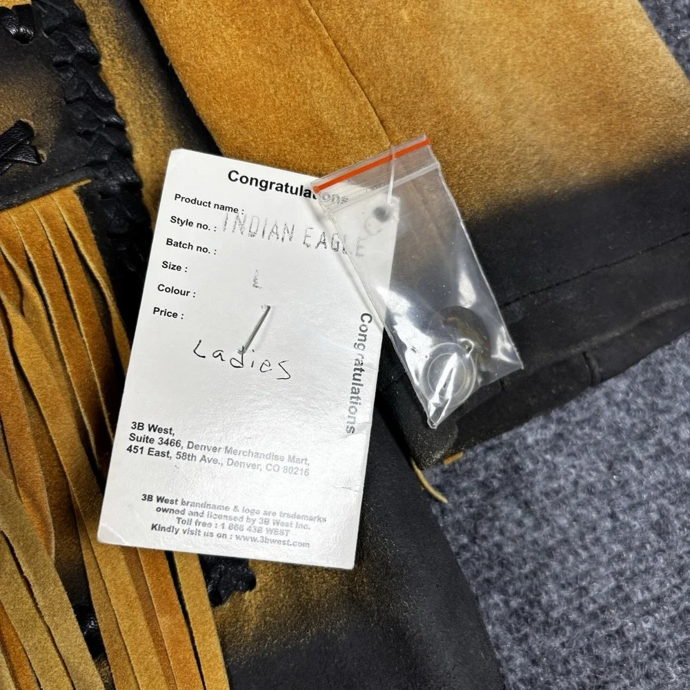 3B West Leather Fringe Jacket Womens L Tan Black Indian Eagle Western NWT - Picture 3 of 9